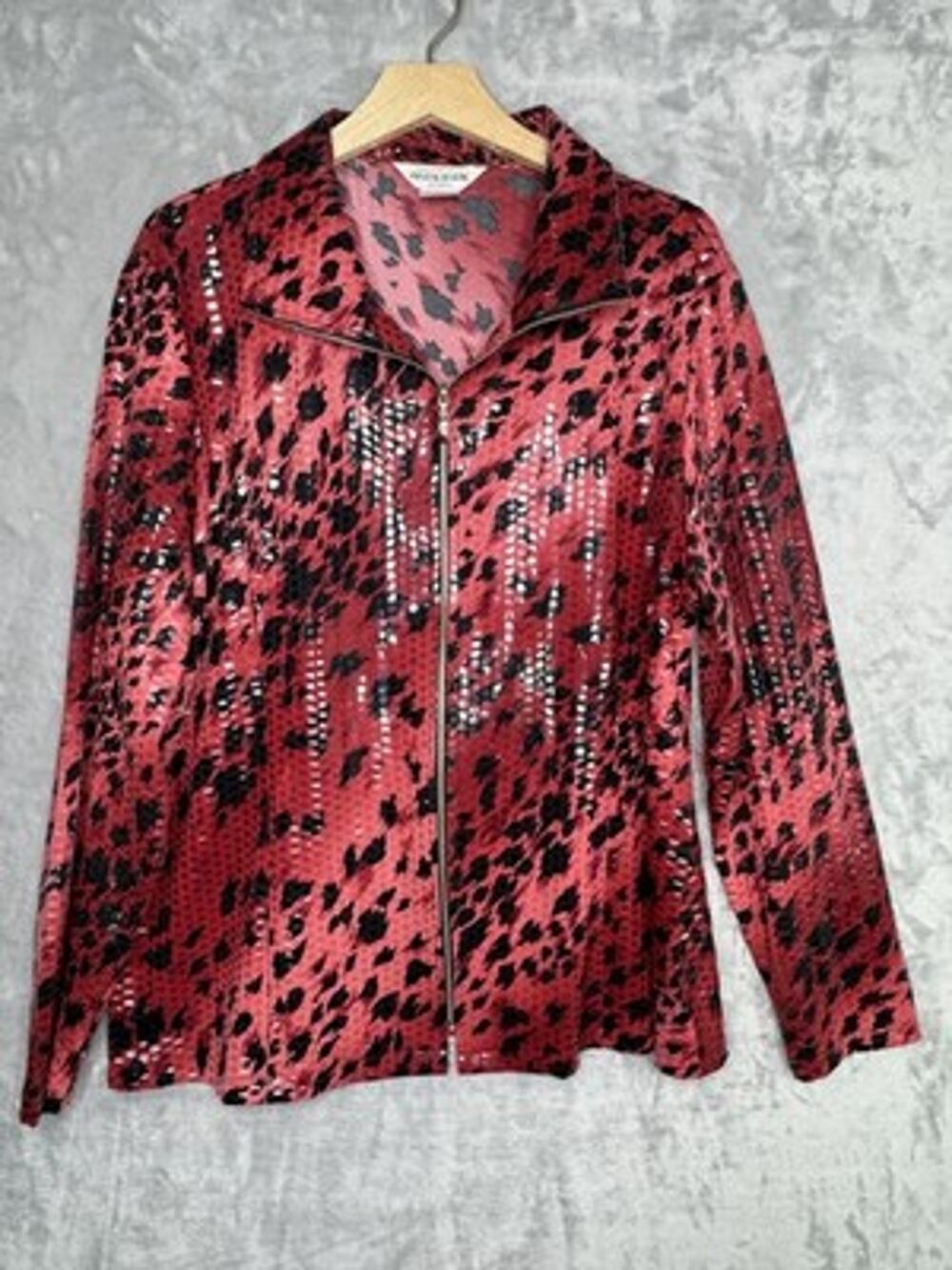 Misook Jacket Womens 1X Red Black Animal Print Sequin Zip Front Knit Stretch